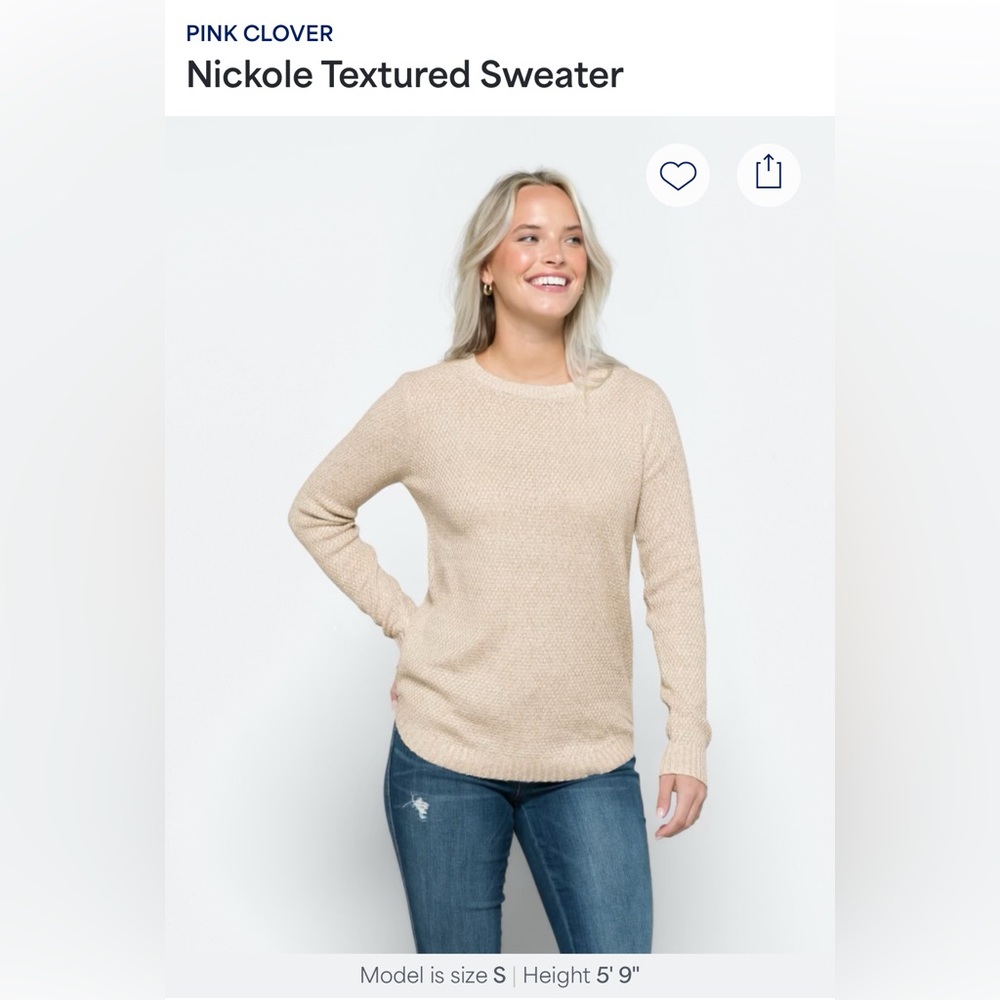 Women’s Pink Clover Nickole Textured Cream Sweater. Size XS.